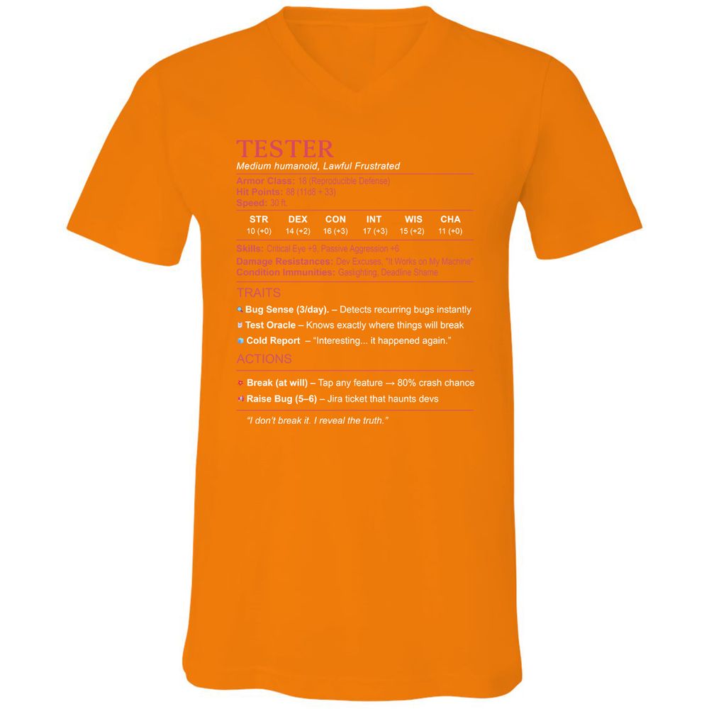 Tester Stats Unisex V-Neck T-Shirt - Orange - 11