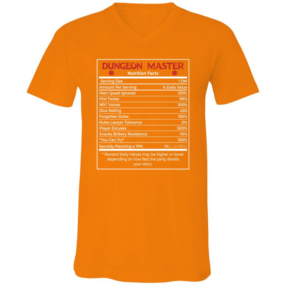Dungeon Master Nutrition Facts Unisex V-Neck T-Shirt - Orange - 11