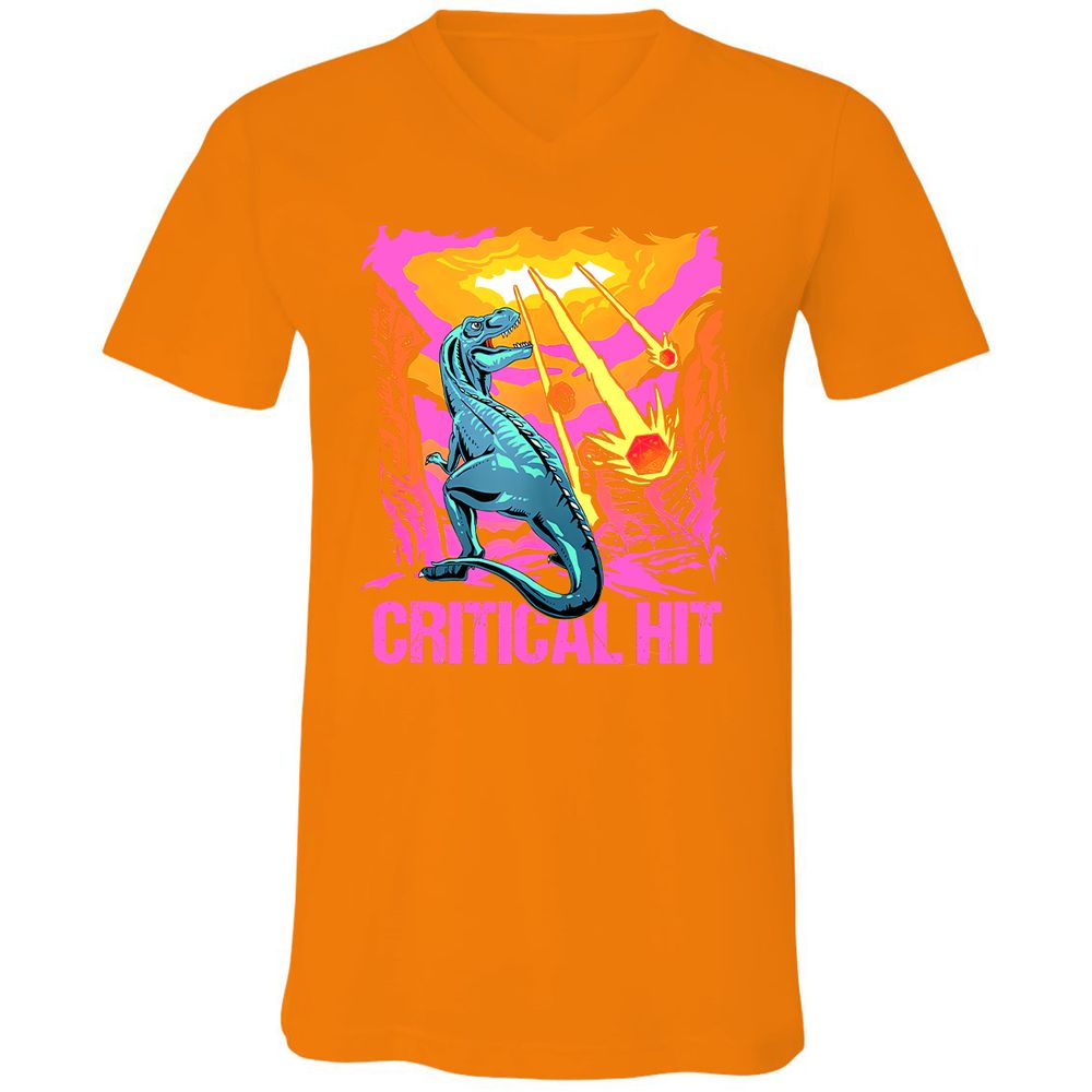 Dinosaur Critical Hit Unisex V-Neck T-Shirt - Orange - 11