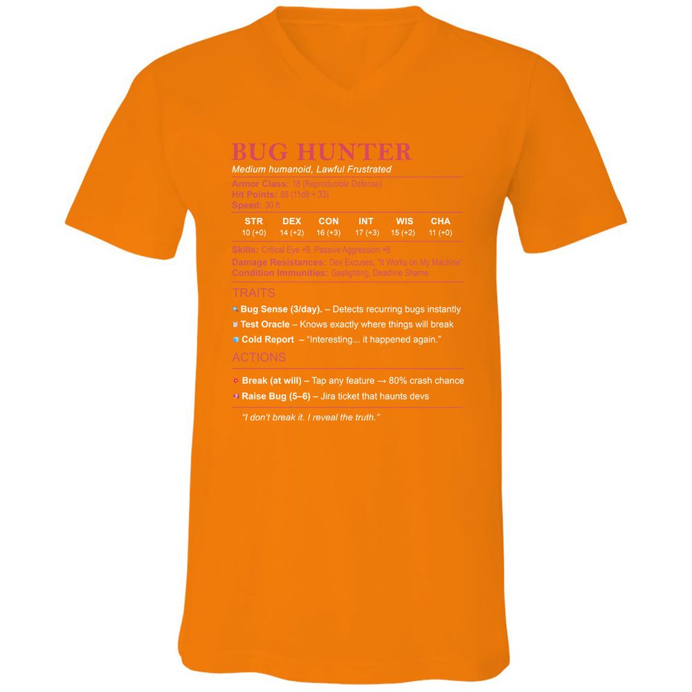 Tester Stats (Bug Hunter) Unisex V-Neck T-Shirt - Orange - 11
