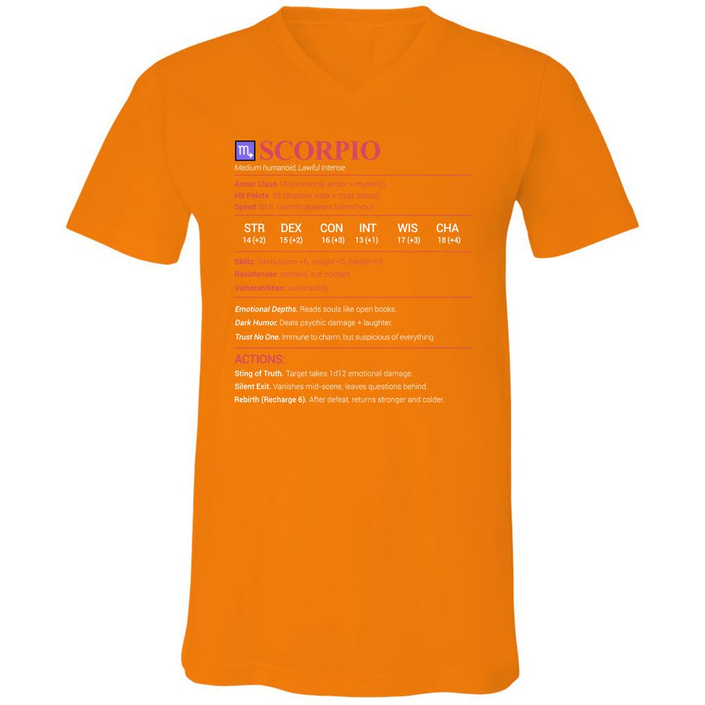 Scorpio Stats Unisex V-Neck T-Shirt - Orange - 11