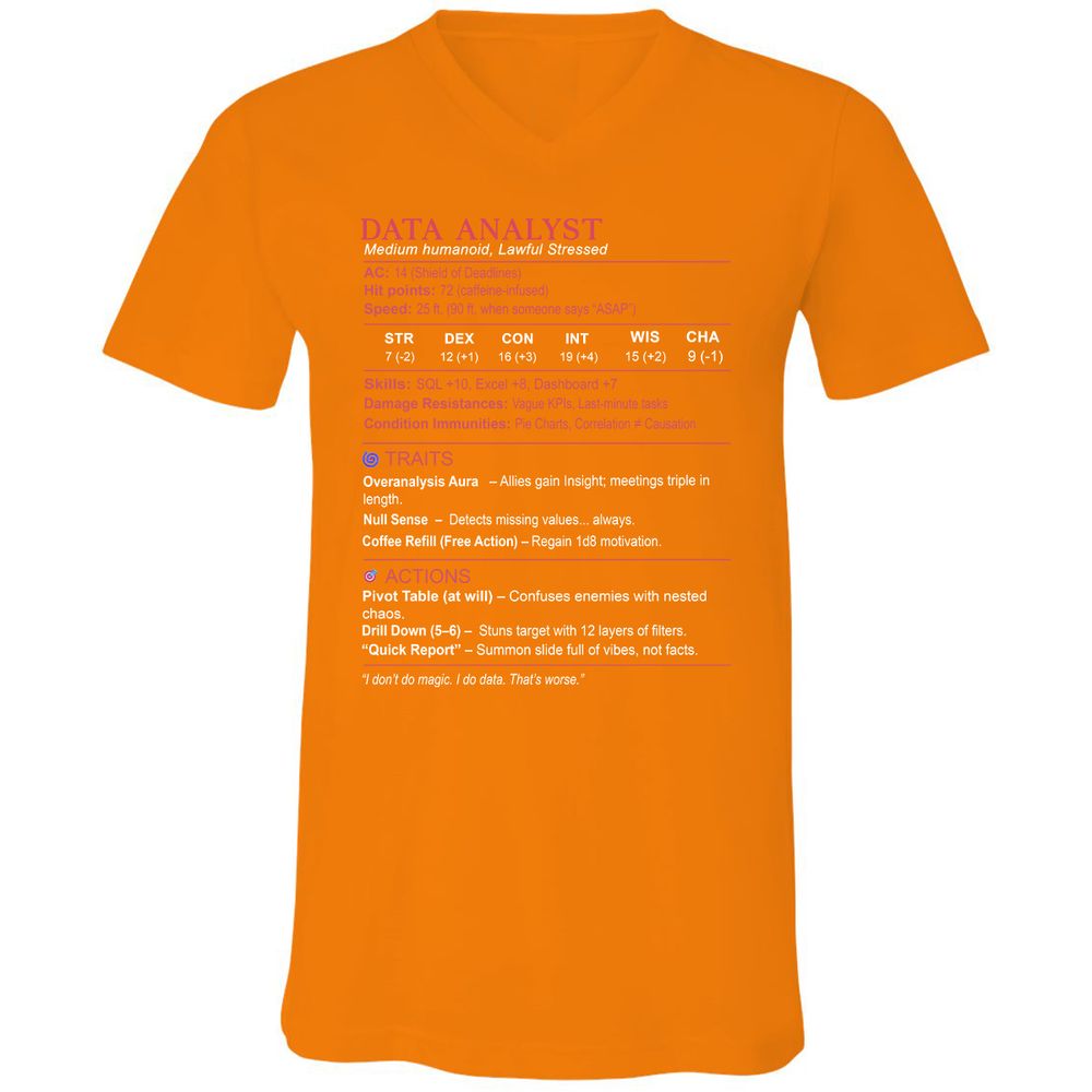 Data Analyst Stats Unisex V-Neck T-Shirt - Orange - 11