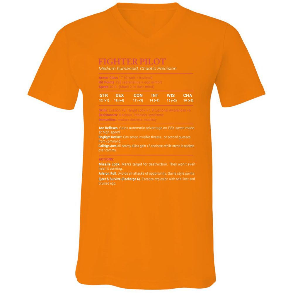 Fighter Pilot Stats Unisex V-Neck T-Shirt - Orange - 11