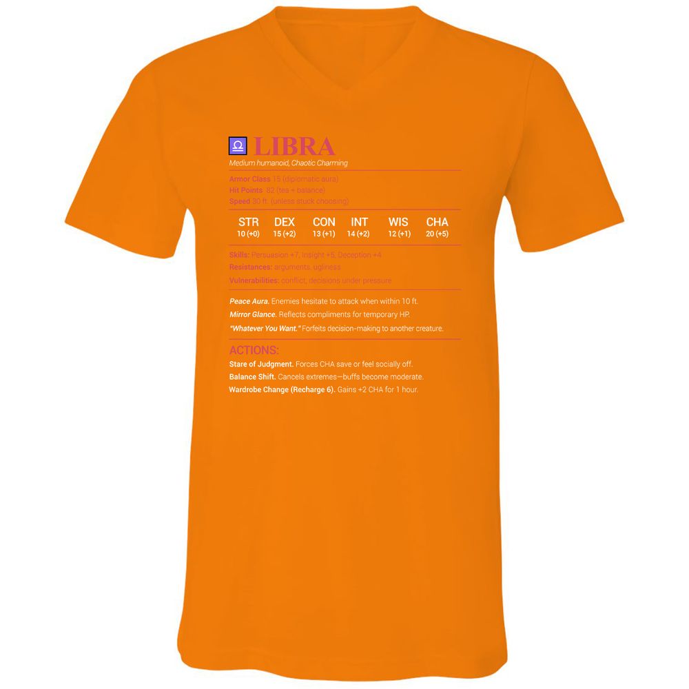 Libra Stats Unisex V-Neck T-Shirt - Orange - 11
