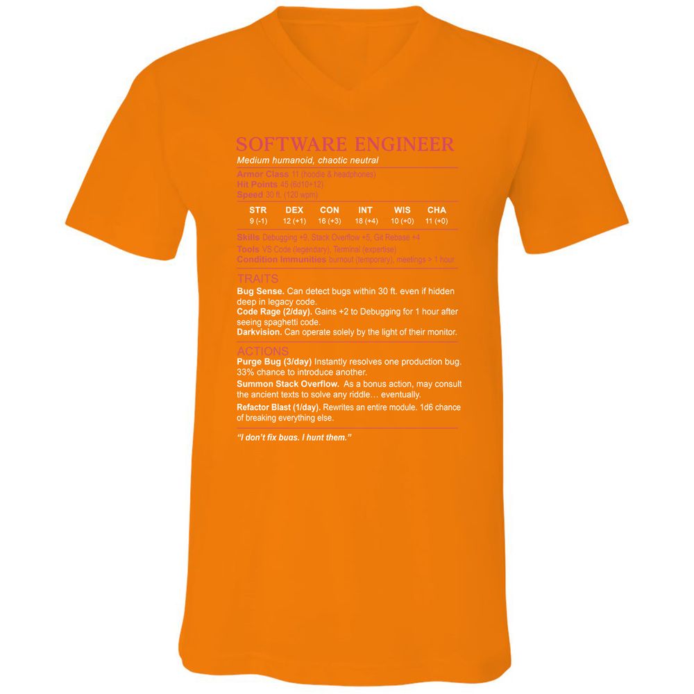 Software Engineer Stats Unisex V-Neck T-Shirt - Orange - 11
