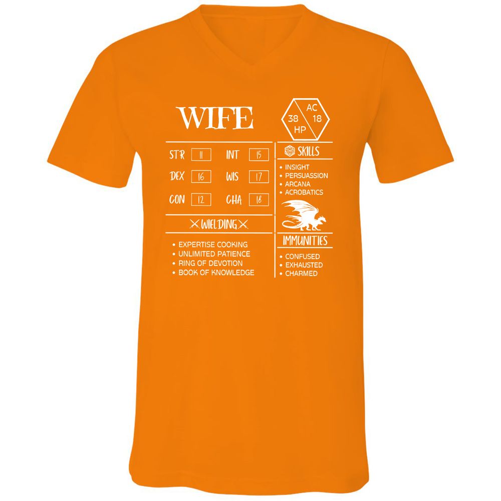 Wife Stats 2 Unisex V-Neck T-Shirt - Orange - 11