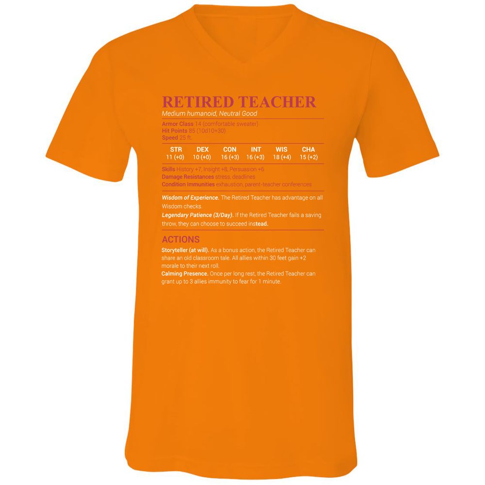 Retired Teacher Unisex V-Neck T-Shirt - Orange - 11