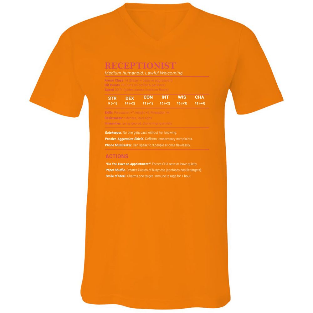 Receptionist Stats Unisex V-Neck T-Shirt - Orange - 11
