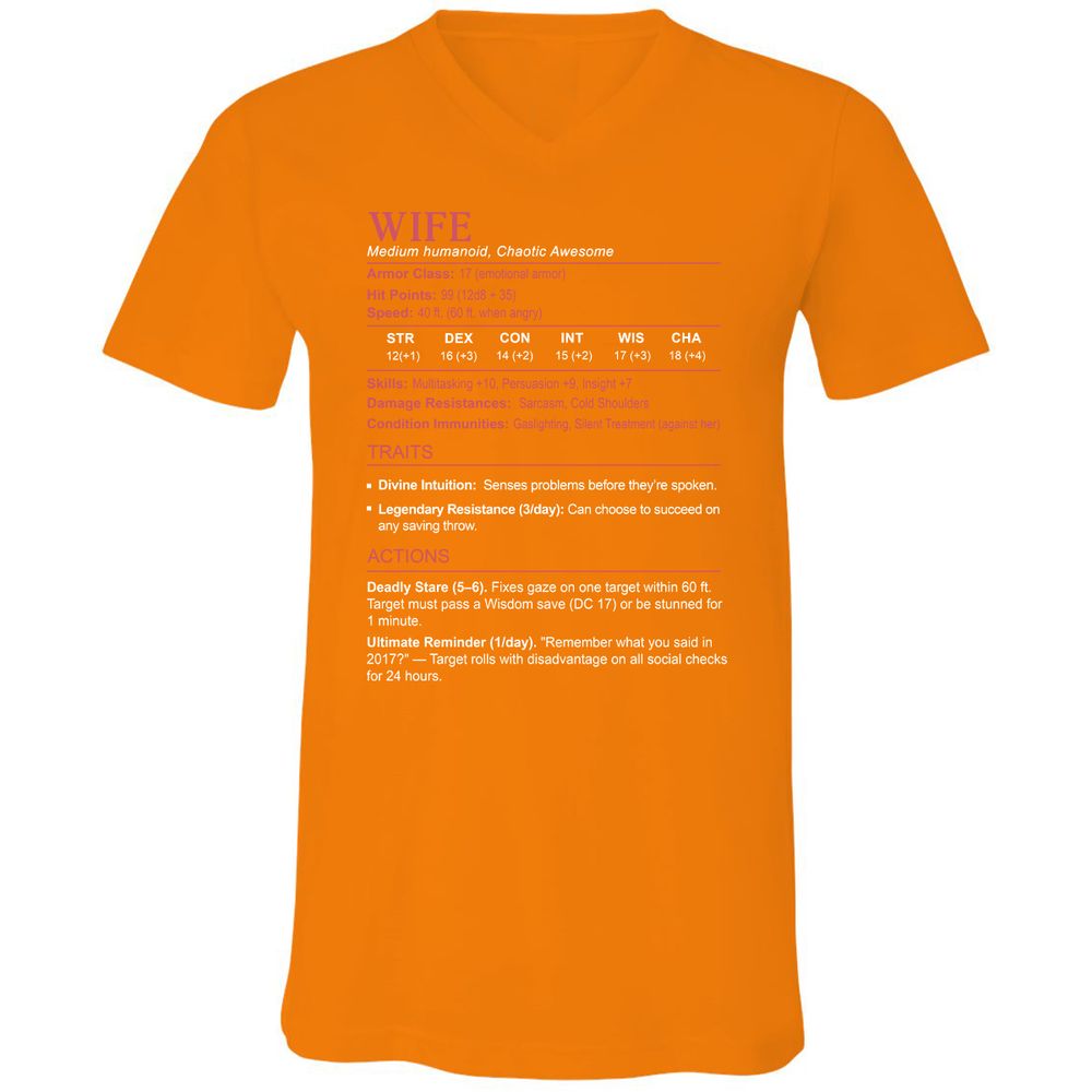 Wife Stats Unisex V-Neck T-Shirt - Orange - 11