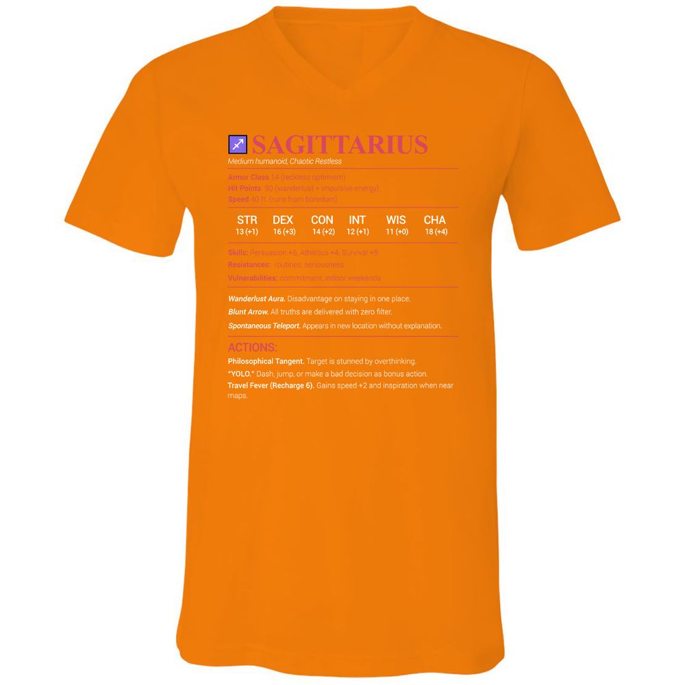Sagittarius Stats Unisex V-Neck T-Shirt - Orange - 11