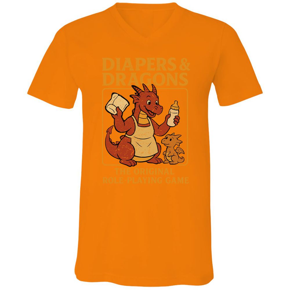 Diapers & Dragons Unisex V-Neck T-Shirt - Orange - 11