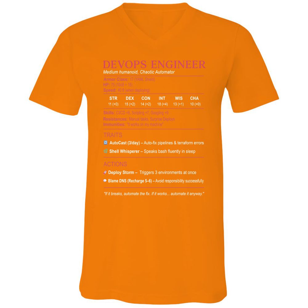 DevOps Engineer Stats Unisex V-Neck T-Shirt - Orange - 11