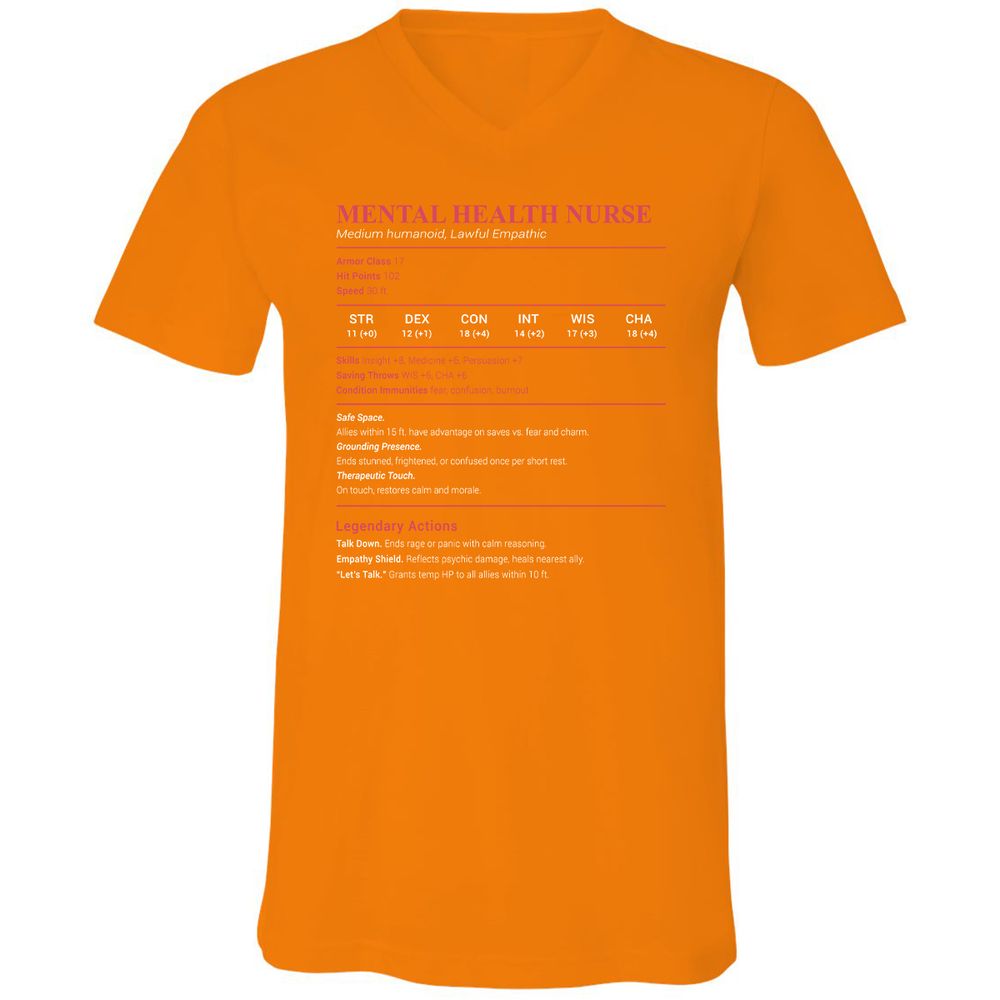 Mental Health Nurse Stats Unisex V-Neck T-Shirt - Orange - 11