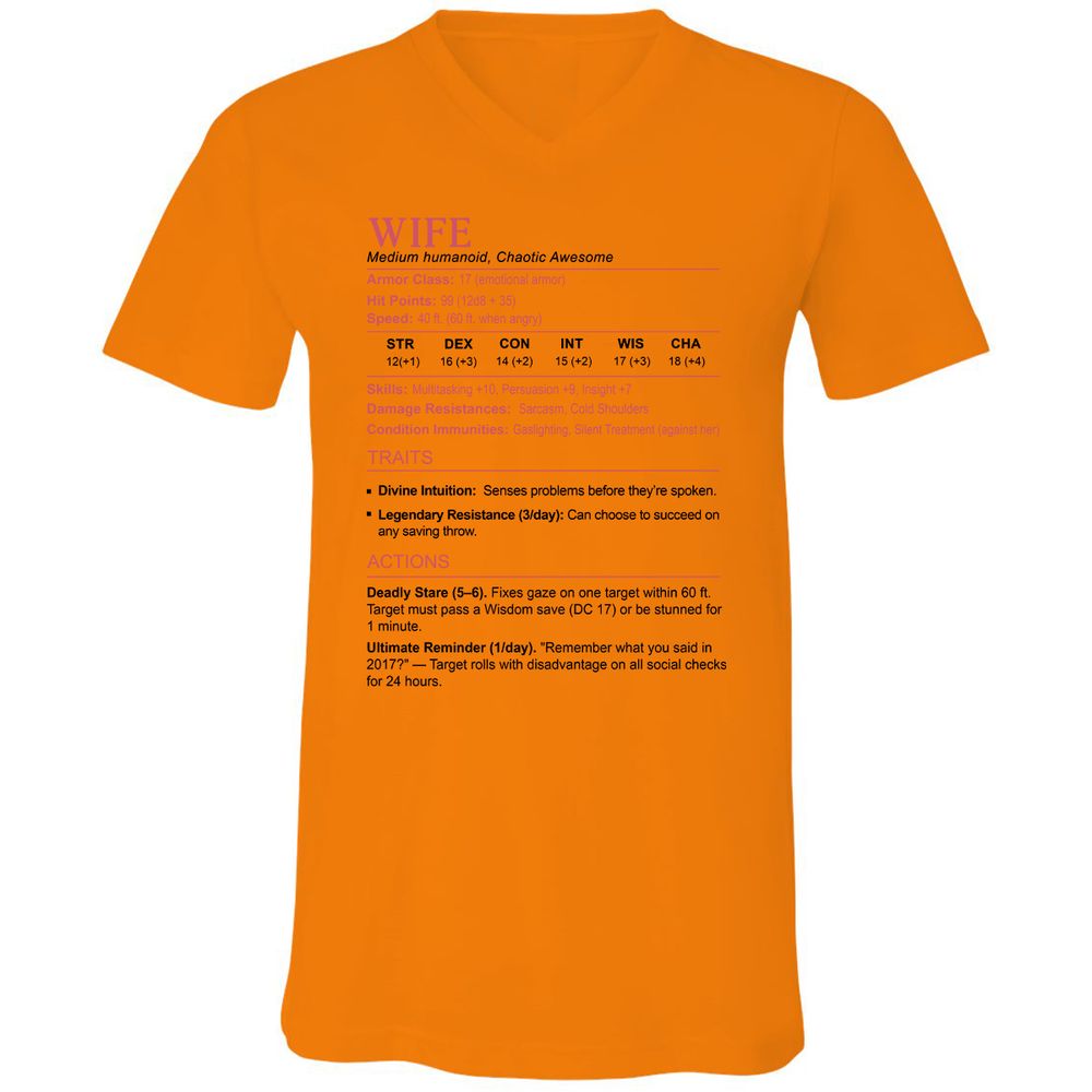 Wife Stats 2 Unisex V-Neck T-Shirt - Orange - 11