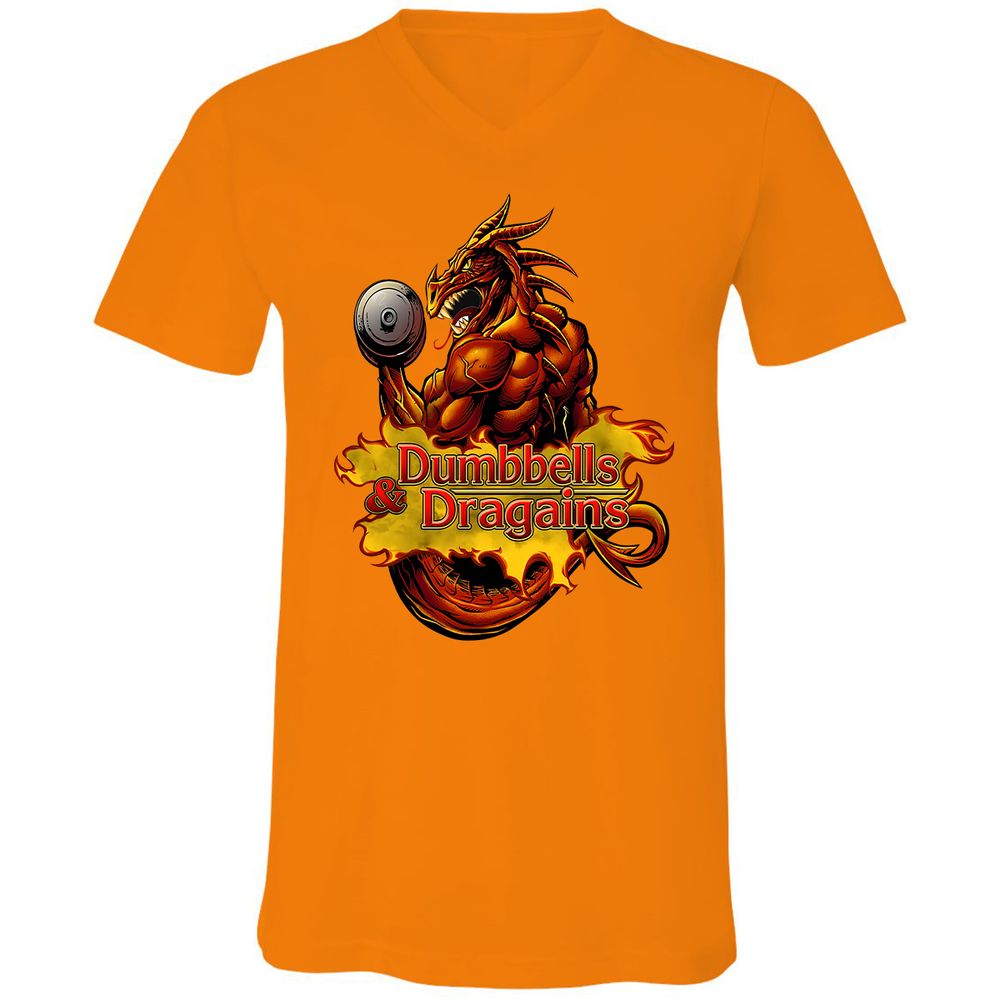 Dumbbells & Dragains Unisex V-Neck T-Shirt - Orange - 11