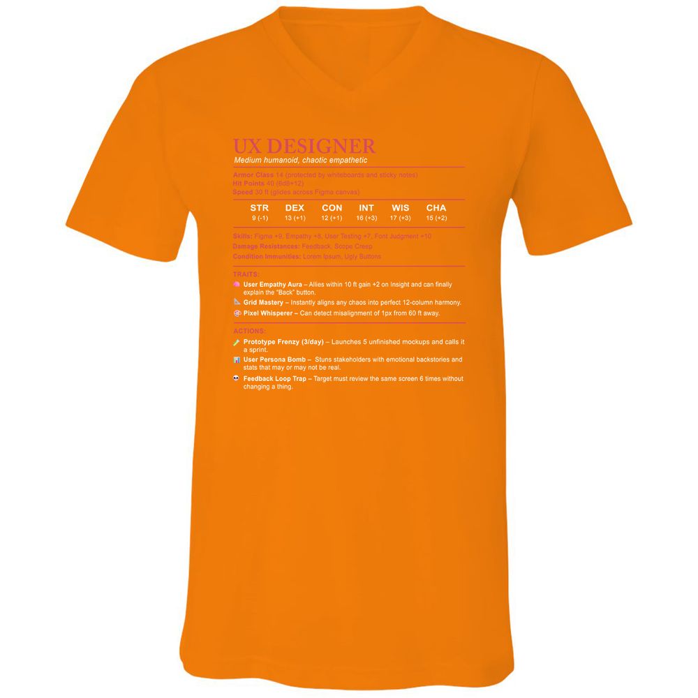UX Designer Stats Unisex V-Neck T-Shirt - Orange - 11