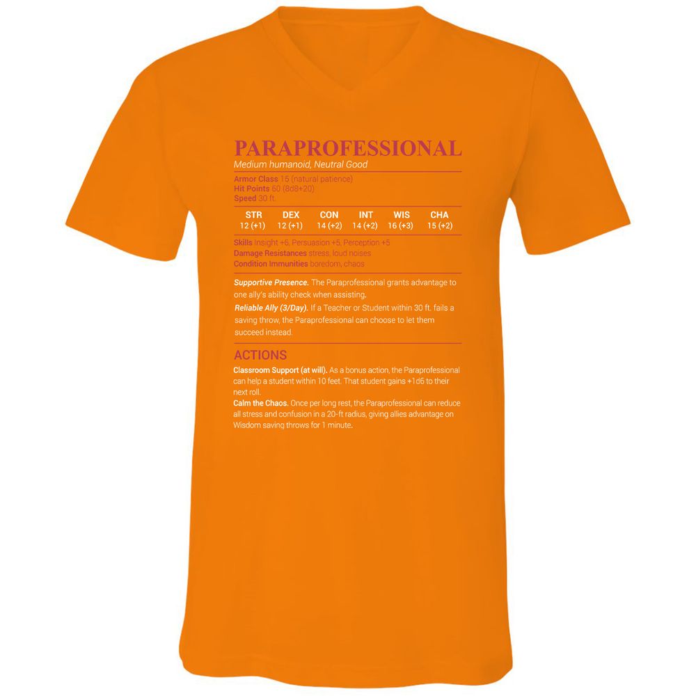 Paraprofessional Unisex V-Neck T-Shirt - Orange - 11