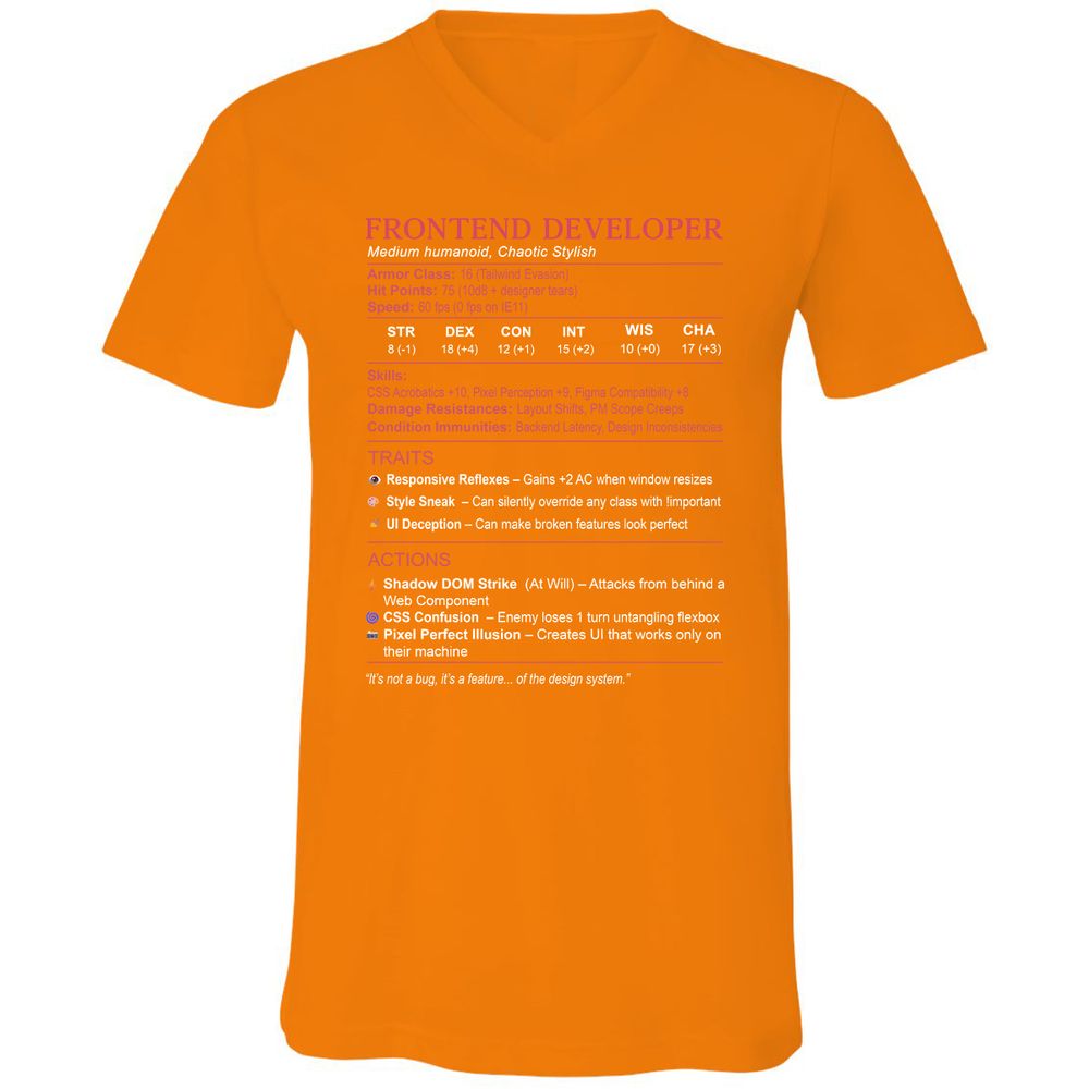 Frontend Developer Stats Unisex V-Neck T-Shirt - Orange - 11