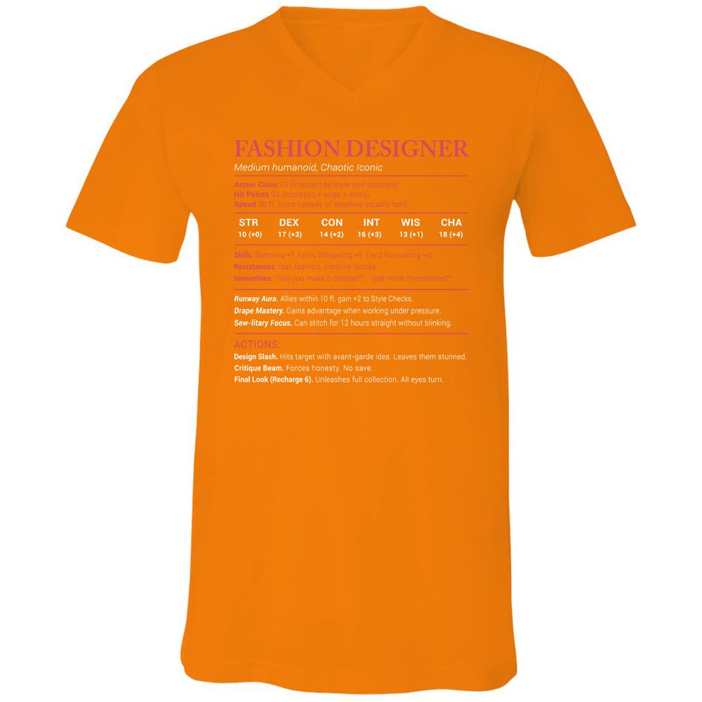 Fashion Designer Stats Unisex V-Neck T-Shirt - Orange - 11