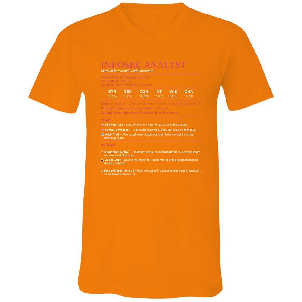 Information Security Analyst Stats Unisex V-Neck T-Shirt - Orange - 11