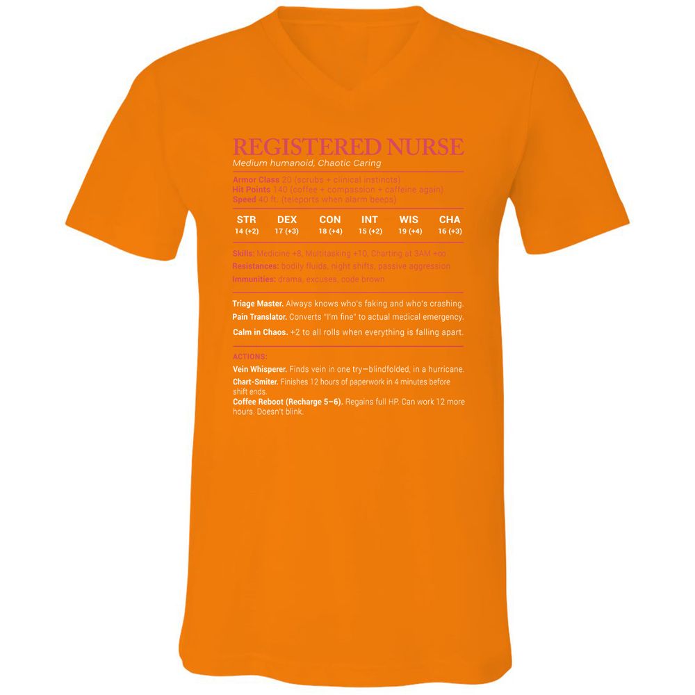 Registered Nurse Stats Unisex V-Neck T-Shirt - Orange - 11