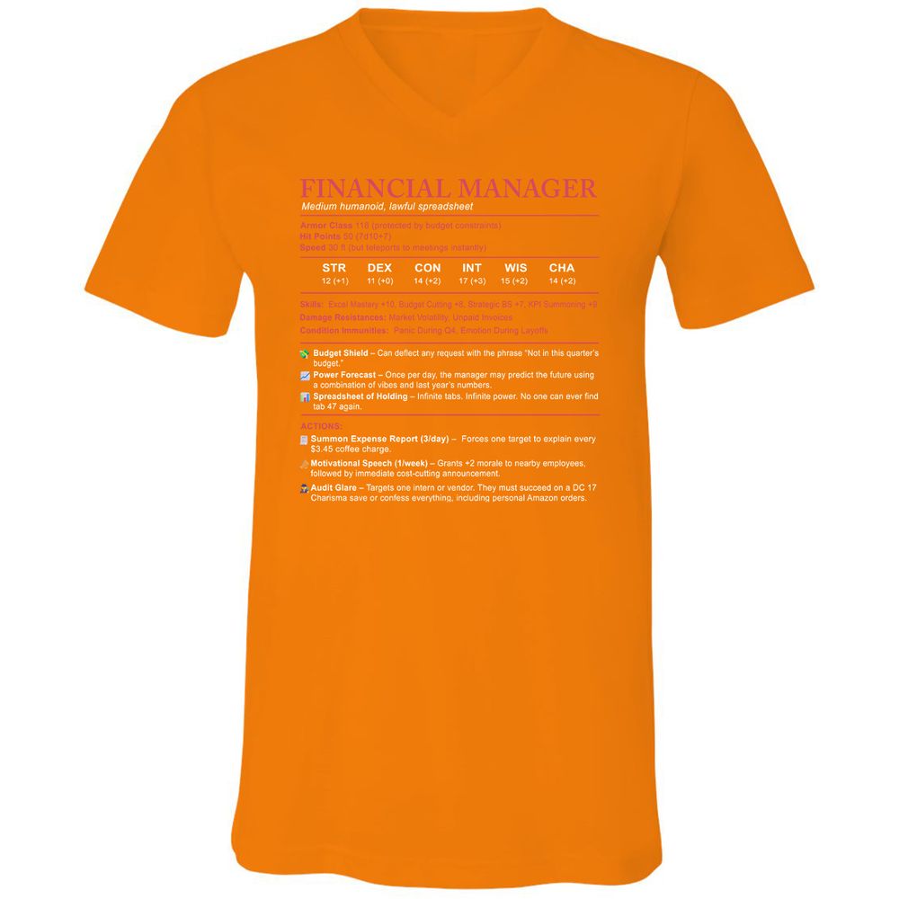 Financial Manager Stats Unisex V-Neck T-Shirt - Orange - 11