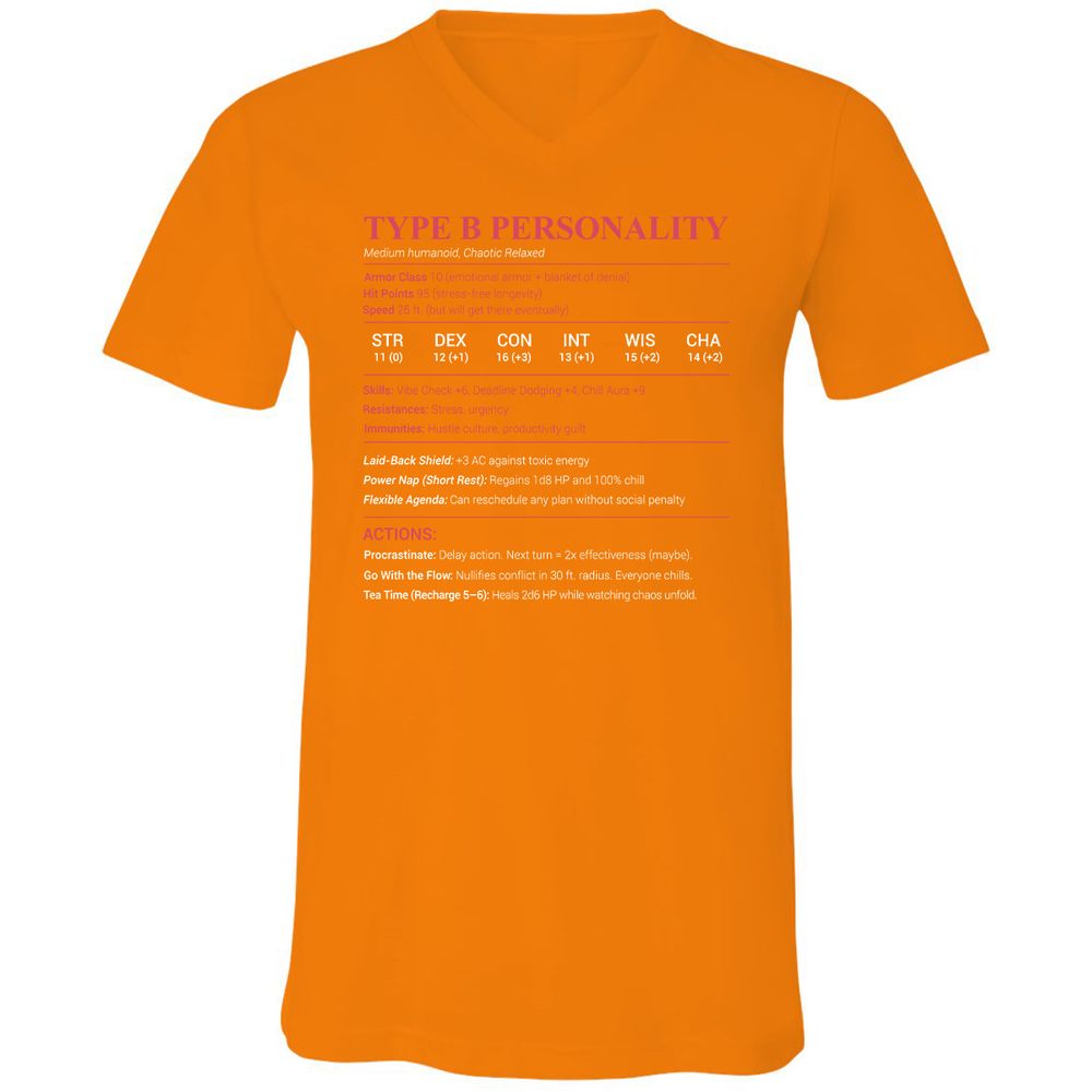 Type B Stats Unisex V-Neck T-Shirt - Orange - 11