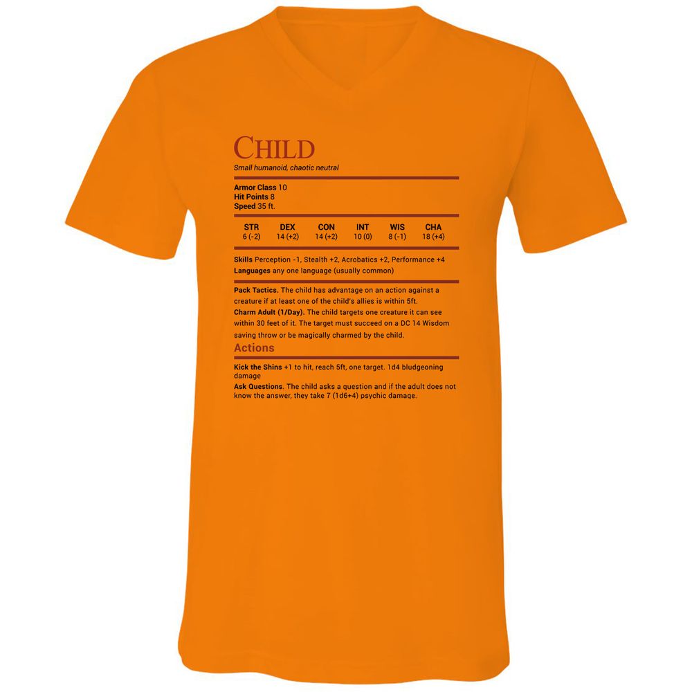 Child Stats Unisex V-Neck T-Shirt - Orange - 11