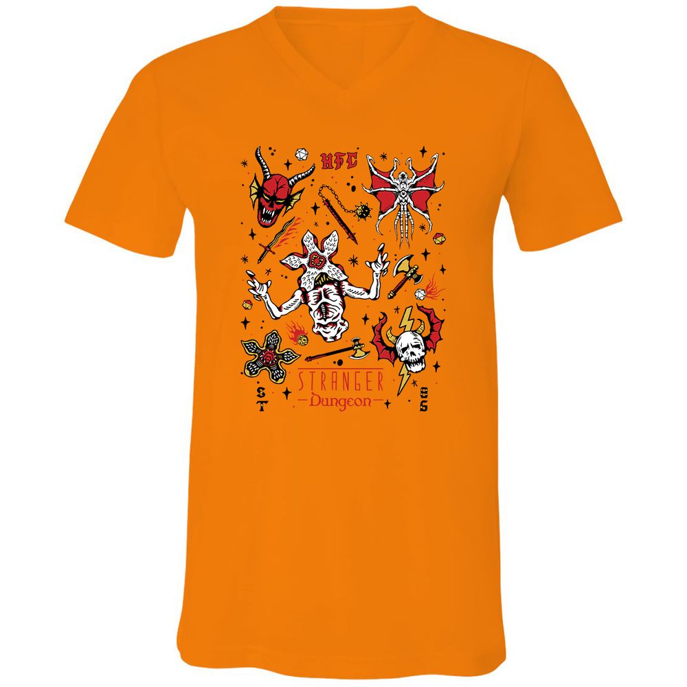 STRANGER DUNGEON Unisex V-Neck T-Shirt - Orange - 11