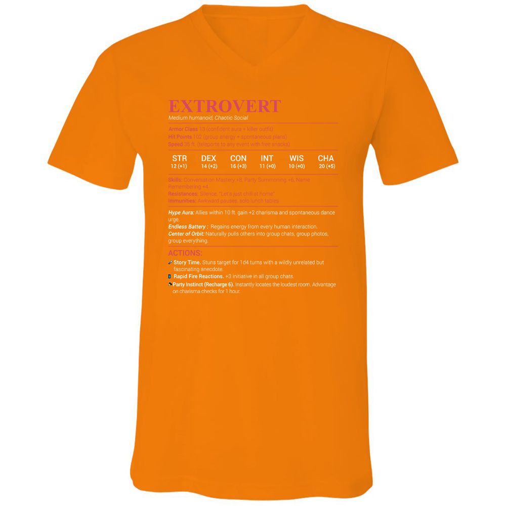 Extrovert Stats Unisex V-Neck T-Shirt - Orange - 11