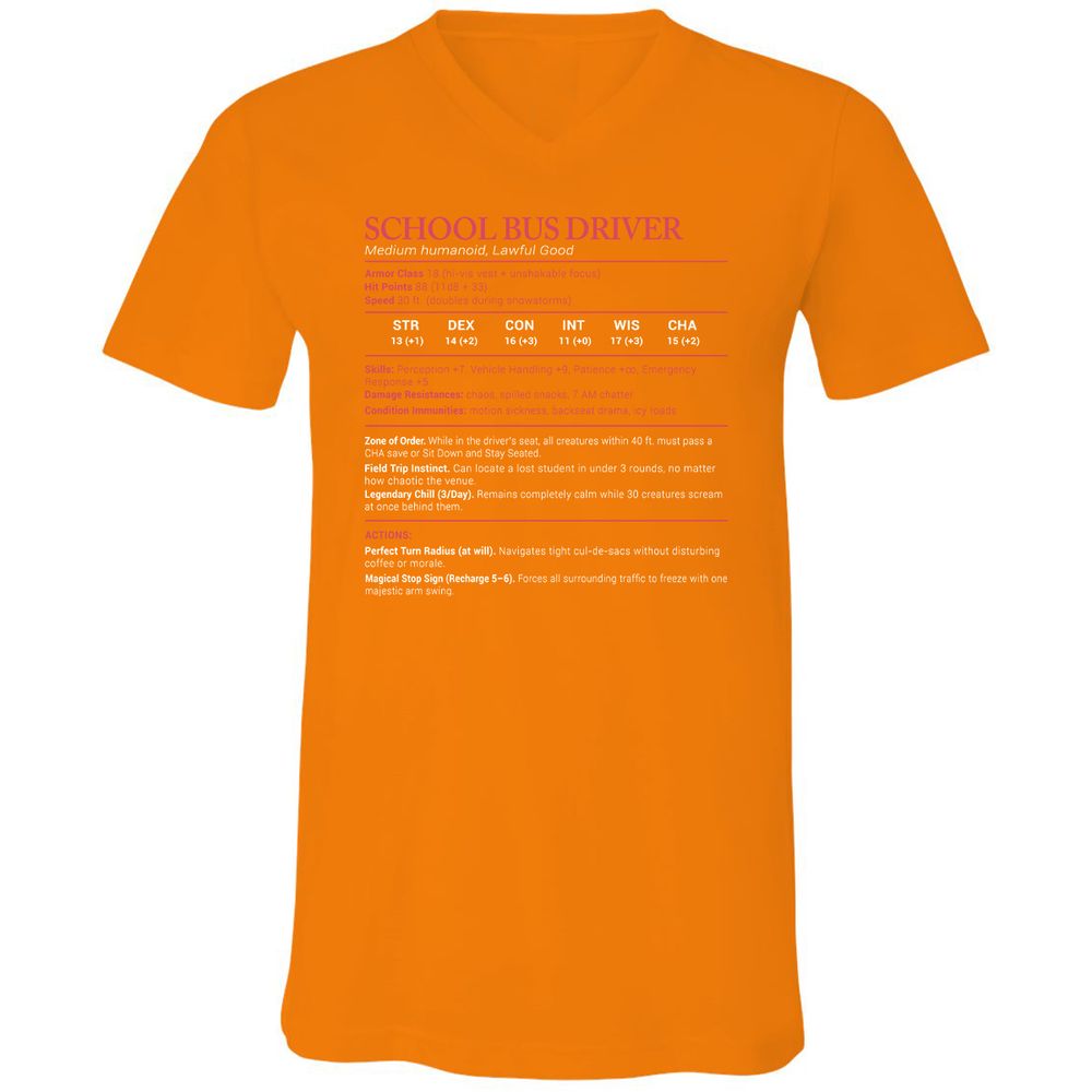 School Bus Driver Stats Unisex V-Neck T-Shirt - Orange - 11