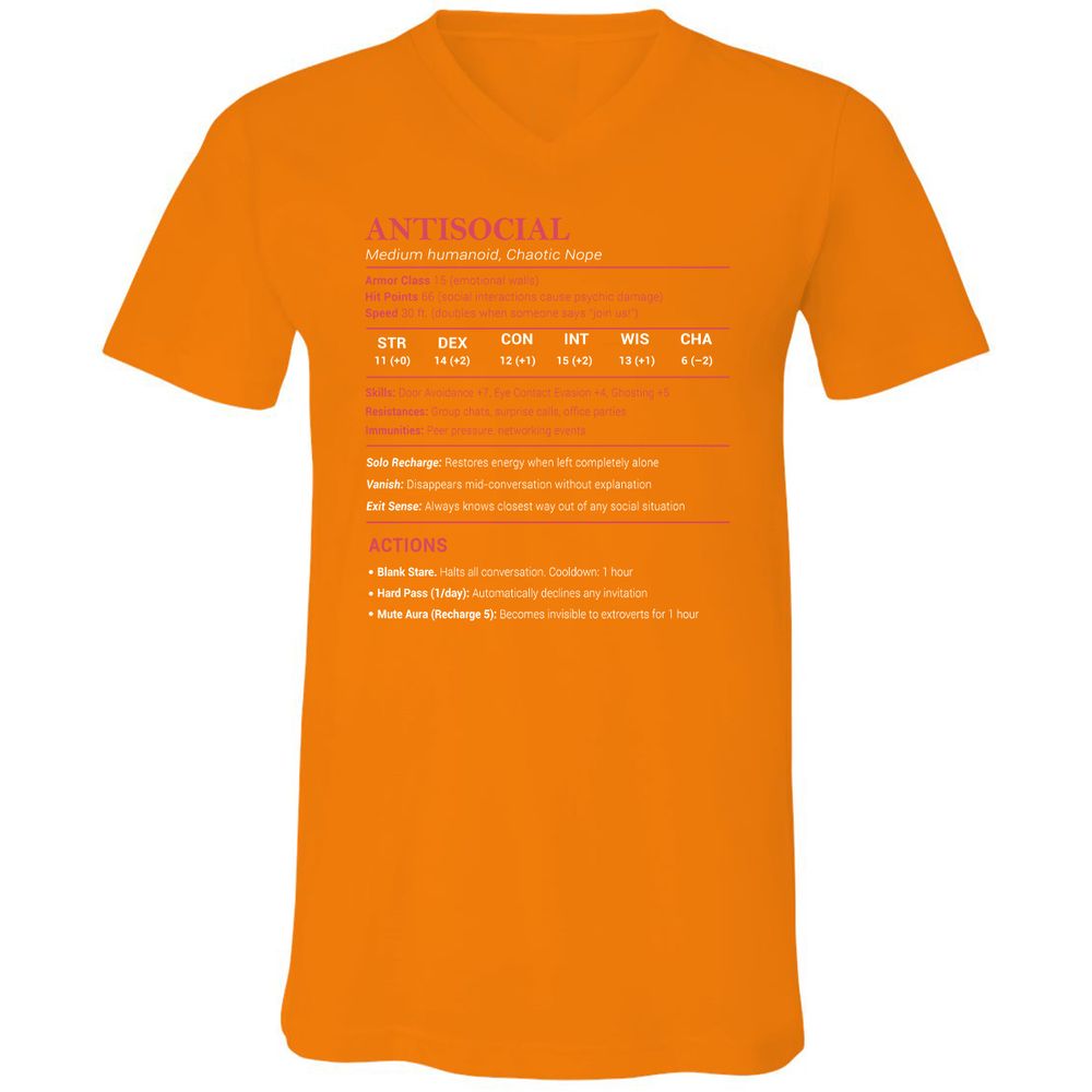 Antisocial Stats Unisex V-Neck T-Shirt - Orange - 11