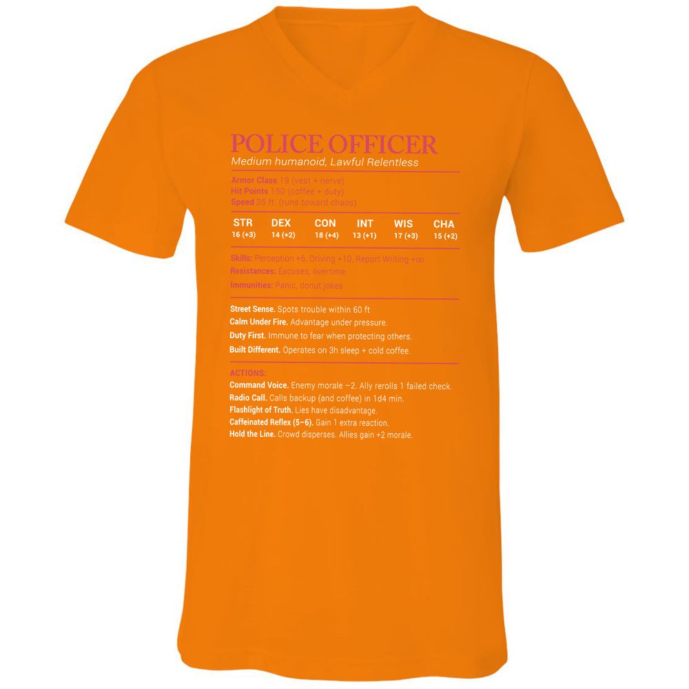 Police Officer Stats Unisex V-Neck T-Shirt - Orange - 11