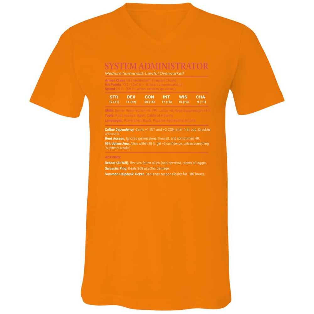 System Administrator Stats Unisex V-Neck T-Shirt - Orange - 11