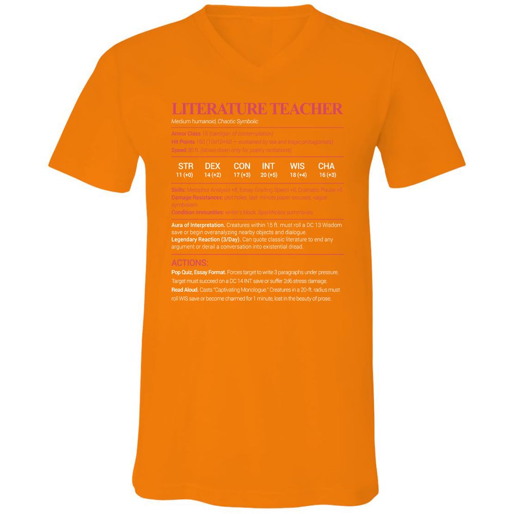 Literature Teacher Unisex V-Neck T-Shirt - Orange - 11