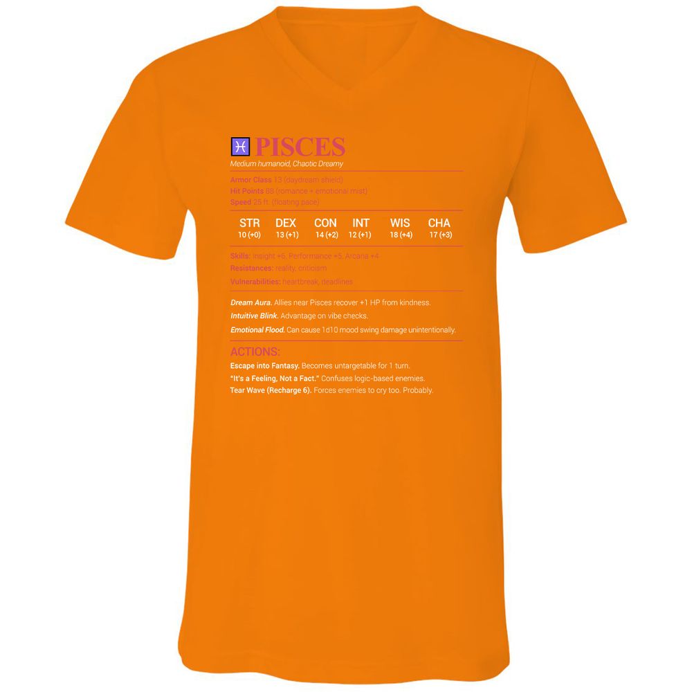 Pisces Stats Unisex V-Neck T-Shirt - Orange - 11