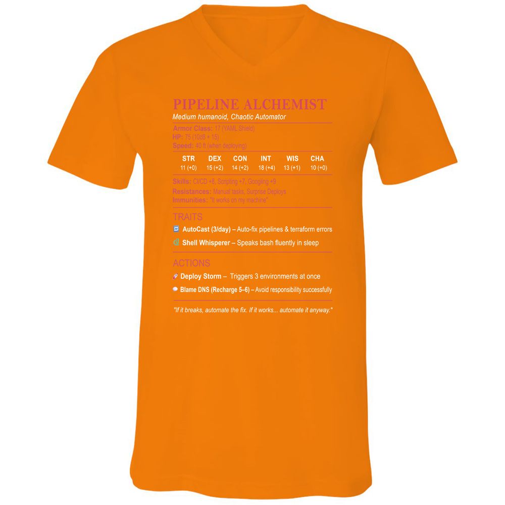 DEVOPS Stats (Pipeline Alchemist) Unisex V-Neck T-Shirt - Orange - 11