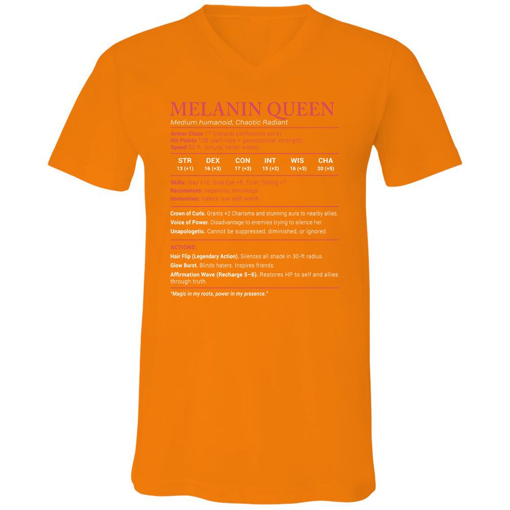 Melanin Queen Stats Unisex V-Neck T-Shirt - Orange - 11