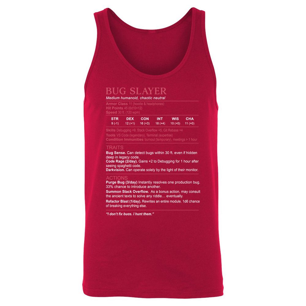 Software Engineer Stats (Bug Slayer) Unisex Jersey Tank - Red - 11