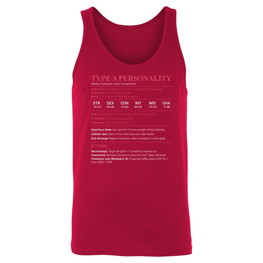 Type A Stats Unisex Jersey Tank - Red - 11