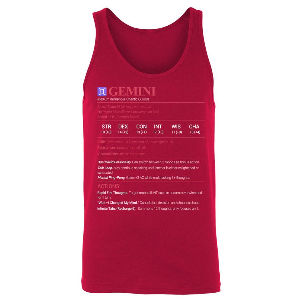 Gemini Stats Unisex Jersey Tank - Red - 11