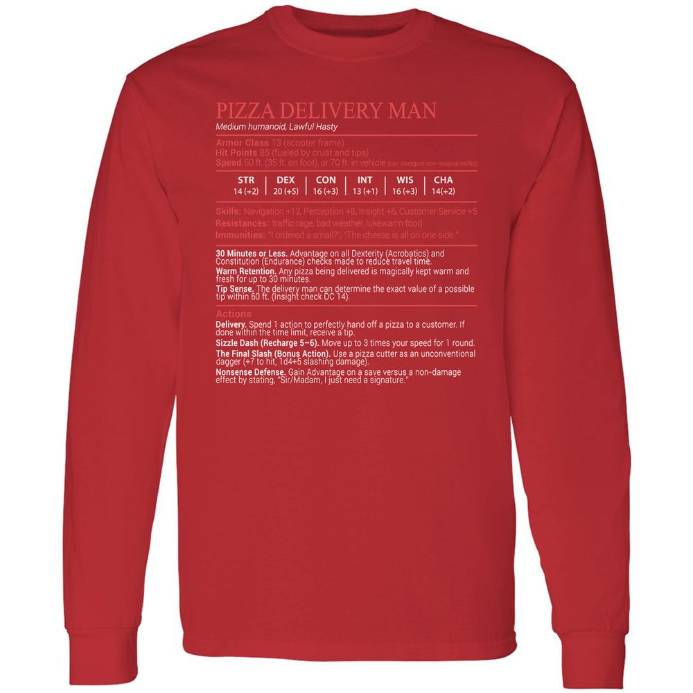 Pizza Delivery Man Stats Block Long Sleeve T-Shirt - Red - 11