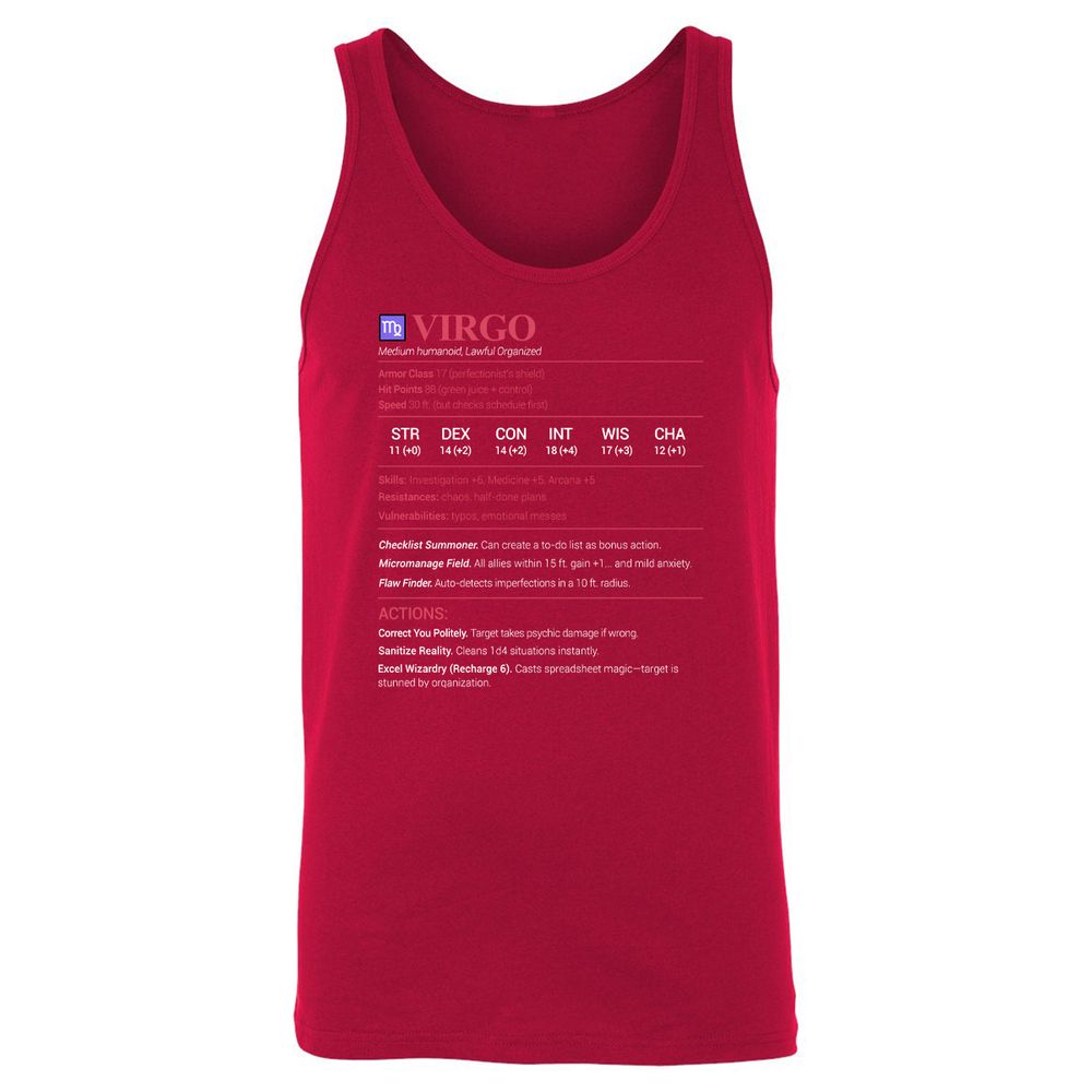 Virgo Stats Unisex Jersey Tank - Red - 11