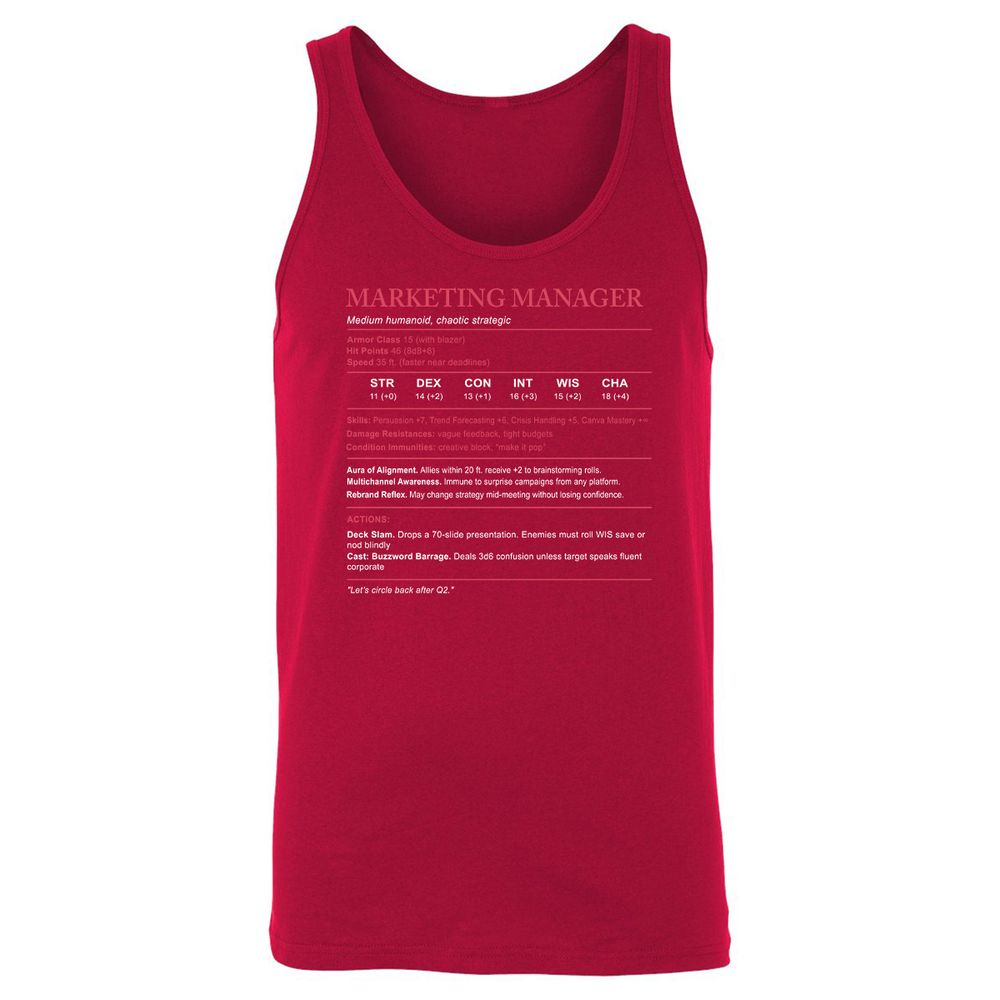 Marketing Manager Stats Unisex Jersey Tank - Red - 11