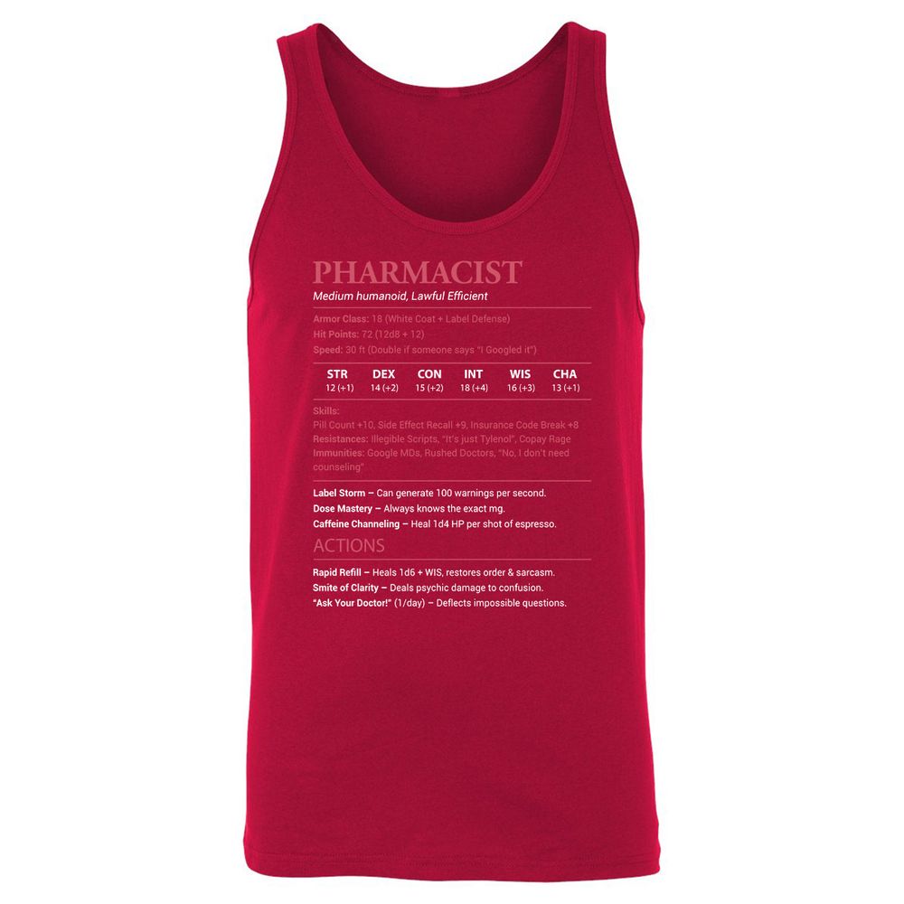 Pharmacist Stats Unisex Jersey Tank - Red - 11