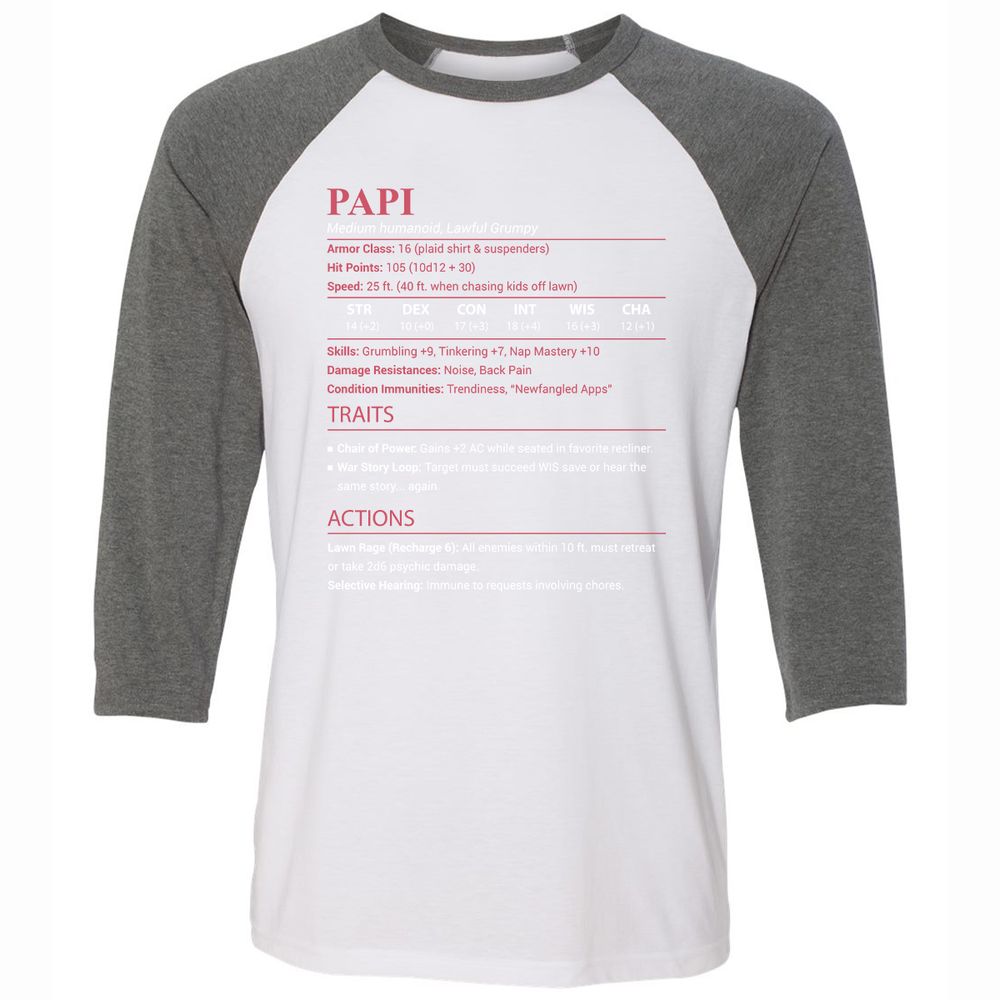 Papi Stats Unisex 3/4 Baseball Tee - White/Deep Heather - 11