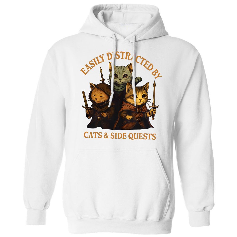 Easily Distracted By Cats & Side Quests Classic Unisex Hoodie - White - 11