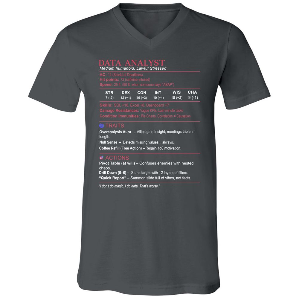 Data Analyst Stats Unisex V-Neck T-Shirt - Asphalt - 12