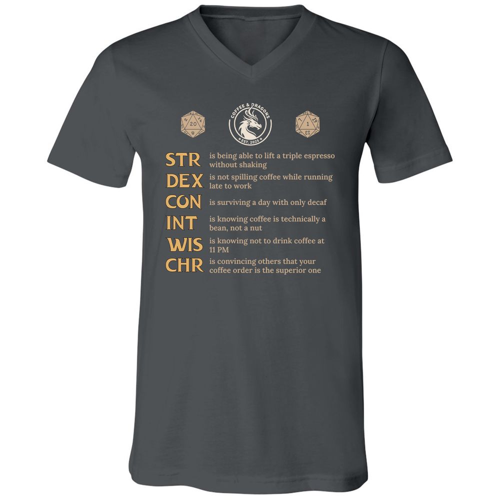 Coffee & Dragons RPG Stats Unisex V-Neck T-Shirt - Asphalt - 12