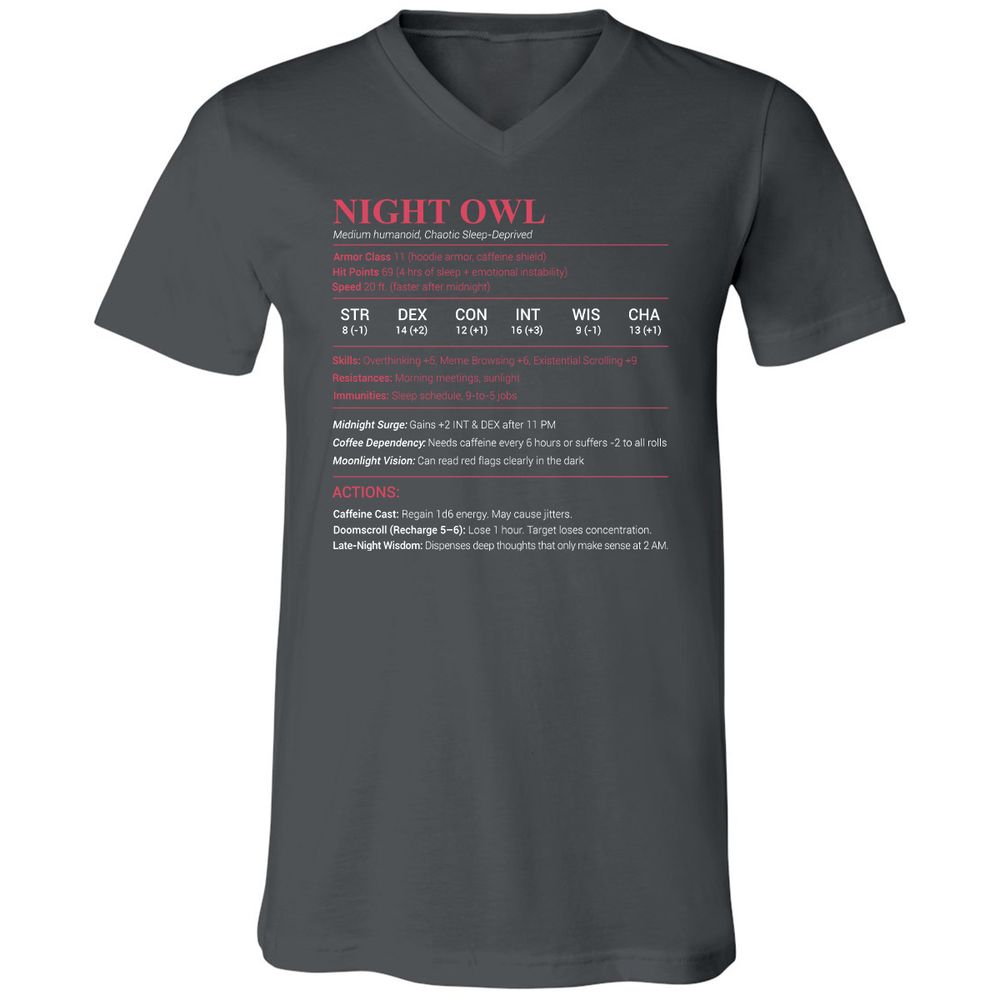 Night Owl Stats Unisex V-Neck T-Shirt - Asphalt - 12
